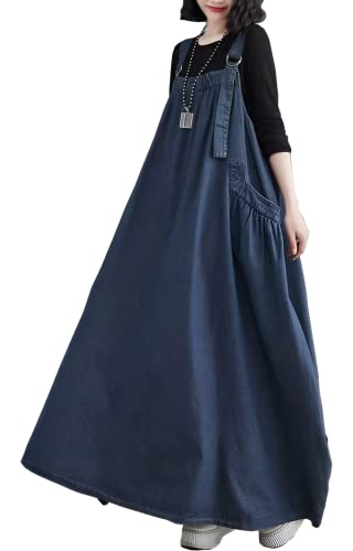 EXPOING Denim Jumper Dress for Women Loose Version Baggy Style Maxi Length Adjustable Straps Wide Hemline (US, Alpha, Large, Regular, Regular, Dark Blue L)