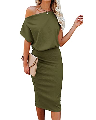 Ezbelle Women's Sexy Off The Shoulder Short Sleeve Wrap Casual Party Bodycon Dress Army Green,4-6