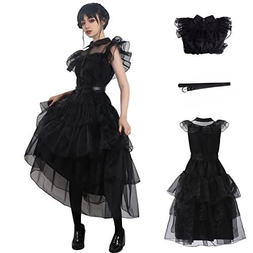 Family Wednesday Costume Vintage Goth Black Raven Dance Dress Cosplay Women Girl Tulle Lace Skirt Halloween Party Outfit (3XL-Dress)