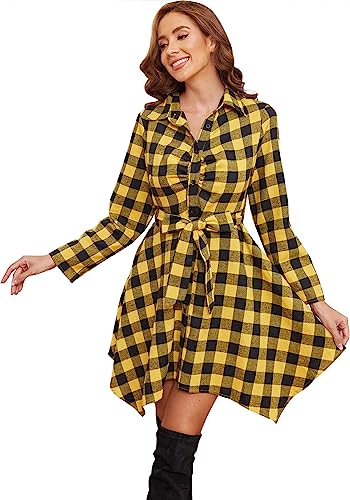 FANCYINN Womens Plaid Shirt Dress Pleated Front Chest Irregular Hem Buttons Autumn Casual Long Sleeve Checker Flannel Dresses Black & Yellow L