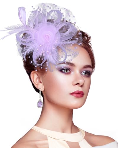 Fascinators for Women Kentucky Derby Hats,Tea Party Hat Headband Hair Clip for Wedding Cocktail (Light Purple)