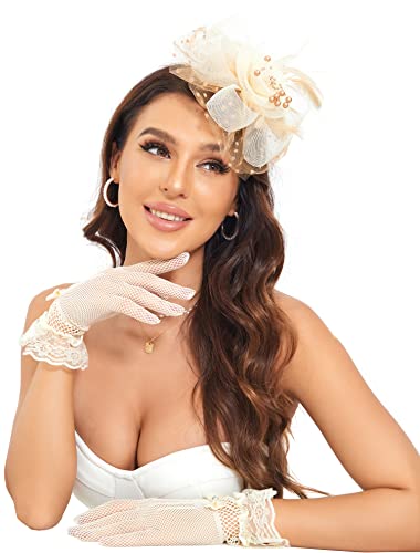 Fascinators Hats Clip Hat Wedding Cocktail Fascinators Tea Party Headwear and Short Lace Bowknot Gloves for Women (102 Beige Brown)