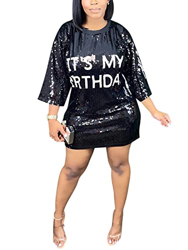 Fawjsais Womens Sequin T Shirt Dress Round Neck 3/4 Sleeve Jersey Dresses Sexy Letter Print Glitter Outfit Black S