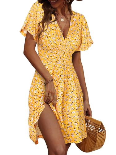 FENSACE Casual Summer Dresses for Women Short Sleeve Wrap Empire Waist Sundress Dress(Yellow,Large)