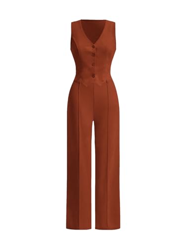 Floerns Women's 2 Piece Outfits Sleeveless Button Front Vest Blazer Jacket & Pants Business Suit Sets Rust Brown Medium