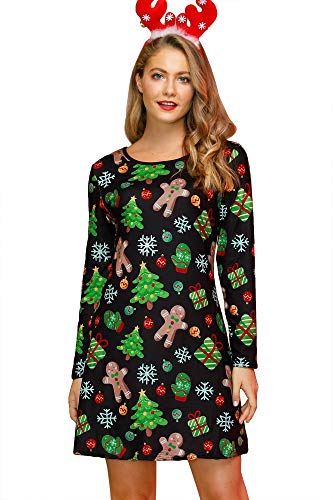 For G and PL Christmas Women Gingerbread Dresses Casual Xmas Print Flare Cute Themed Instant Holiday Outfits L