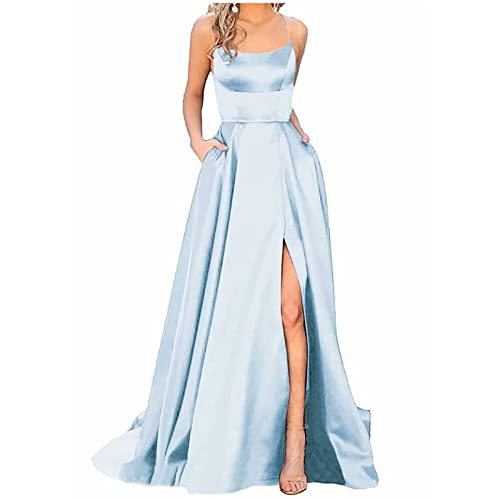 Formal Dresses for Women Evening Party Summer 2024 Sexy Sleeveless Backless Side Slit Maxi Dress Elegant Off The Shoulder Halter Wedding Guest Dresses Satin Bridesmaid Prom Ball Gowns A-Light Blue XS