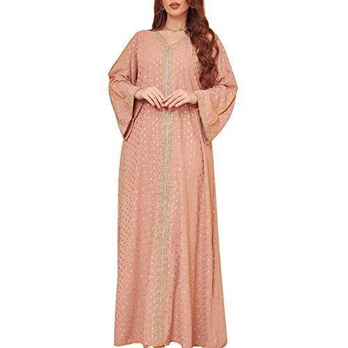 FPOVFPO Womens Muslim Abaya Dress One-Piece V Neck Bronzing Dress Islamic Full Length Kaftan Daily Casual Dress Pink