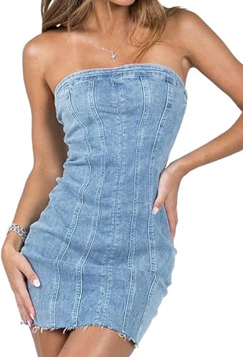 Fronage Denim Dress for Women 2024 Summer Sexy Strapless Y2K Backless Bodycon Jeans Dresses Trendy Club Denim Tube Dresses Light Blue, XS