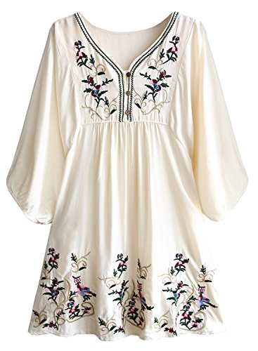 futurino Women's Bohemian Embroidery Floral Tunic Shift Blouse Flowy Mini Dress