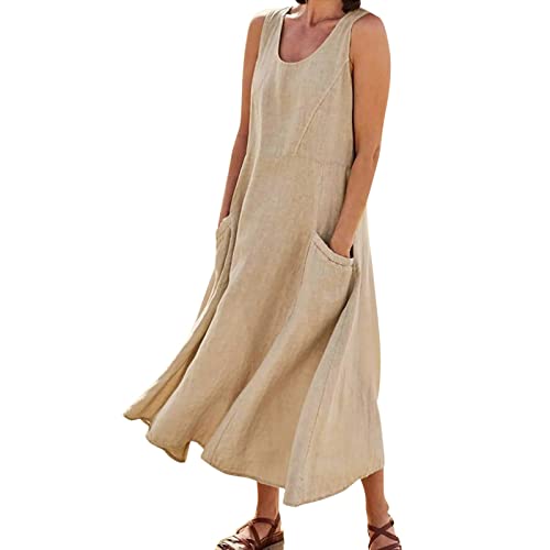 Generic Casual Dresses for Women 2024 Gradient Crewneck A-Line Dress with Pocket Loose Sleeveless High Waist Maxi Dress, Small, C#khaki