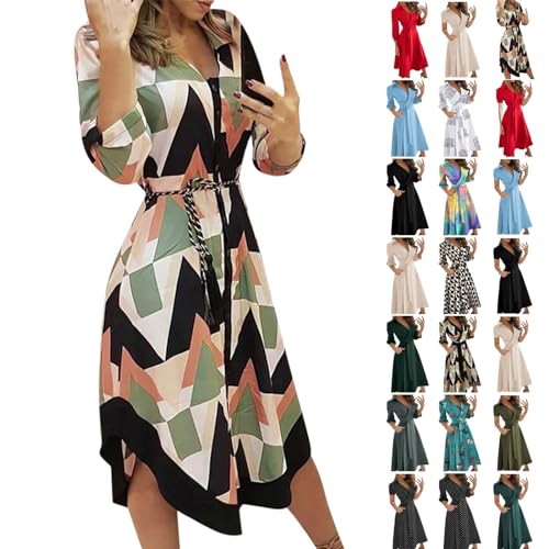 Generic Maxi Dress for Women,2024 Spring Summer Elegant Lapel Neck Button Long Sleeve Dress,Trendy Print Ladies Beach Dress with Belt,Flowy Irregular Hem Shirt Dress Office Work Outfits(A-Green,L)