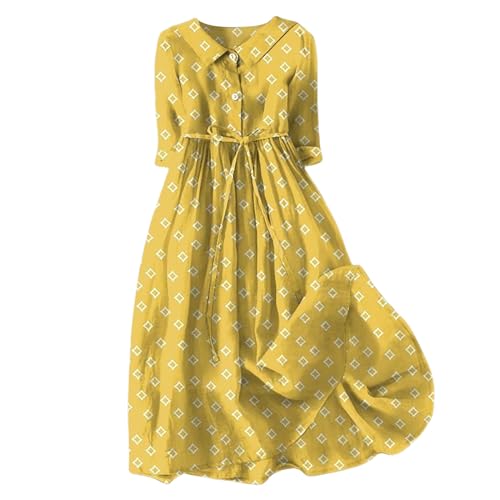 Generic Womens Spring Summer Dresses Boho Floral Lapel Neck Button Casual A-Line Lace-Up Vacation Beach Flowy Long Dress Yellow, XX-Large