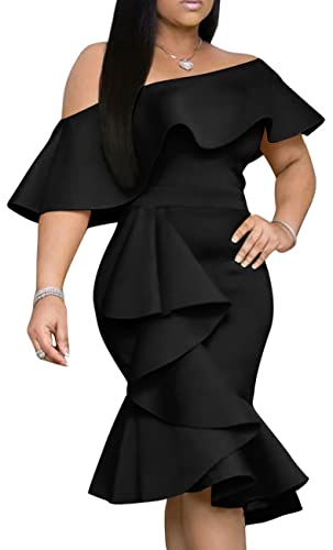 GOBLES Women's Elegant Off The Sholder Back Zipper Ruffles Bodycon Midi Cocktail Dress Black