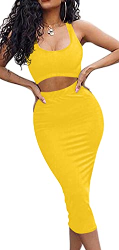 GOBLES Women's Sexy Summer Outfits Bodycon Tank Top Midi Skirt 2 Piece Dress Yellow