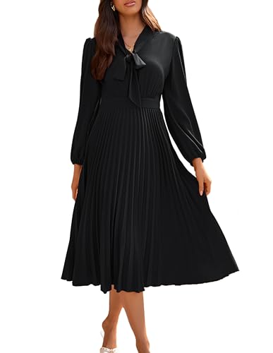 GRACE KARIN Business Casual Dress for Women Tie V Neck Dress Pleated A Line Midi Dresses Black