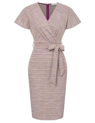 GRACE KARIN Tweed Slim Dress Bodycon Dress for Women Casual Work Business Office Midi Dress with Belt Dresses Pink XL