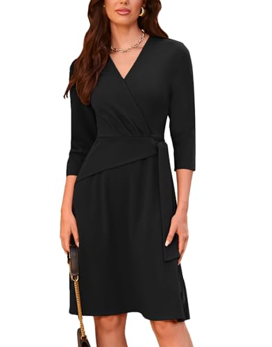 GRACE KARIN Womens Cocktail Dress with Sleeve V Neck Wrap Funeral Wedding Guest Church Casual Dress Black M