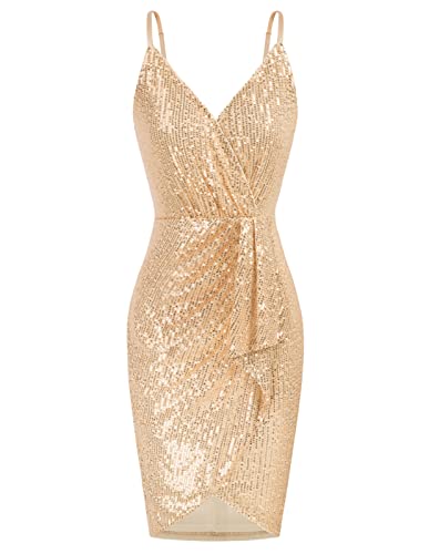 GRACE KARIN Women Sexy V Neck Sequin Glitter Bodycon Stretchy Mini Party Dress Champagne XXL