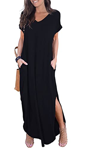 GRECERELLE Women Casual Sundresses Short Sleeve Shirt Dress Split Maxi Long Beach Dresses Travel Vacation 2024 Summer Outfits L, Black