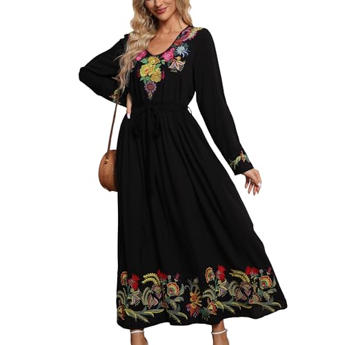 Grosy Women Long Sleeve Embroidered Mexican Dress for Fall Spring Peasant Traditional Floral Boho Smocked Maxi Dresses Black