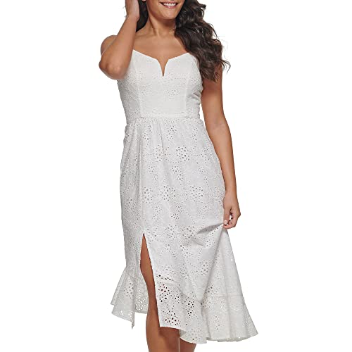 GUESS Women's Asymmetrical Cotton Eyelet Midi Contemporary Dress, White