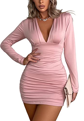 Halife Pink Sexy Bodycon Dress for Women Party Club Night Low V Neck Short Ruched Tight Dresses L