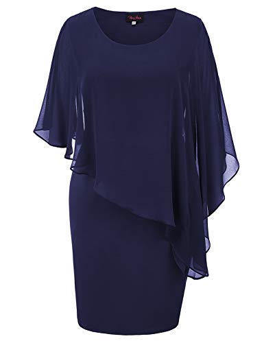 Hanna Nikole Women's Ruffle Flattering Cape Sleeve Wedding Formal Evening Party Dress with Cape XL Navy Blue