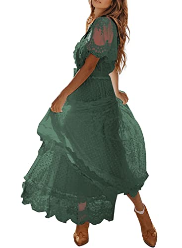 Happy Sailed Womens V Neck Button Down Floral Lace Maxi Dress Short Sleeve Boho Flowy Dresses Green