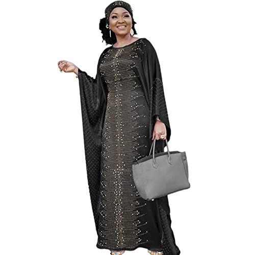 HD African Dress for Women Beading Rhinestone Kaftan Maxi Dress Black One Size Fit All