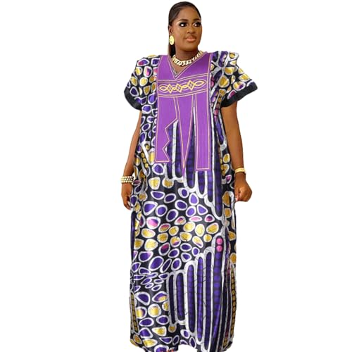 HD African Print Bubu Dress for Woman Embroidery Pattern Purple Caftan Casual Maxi Dress