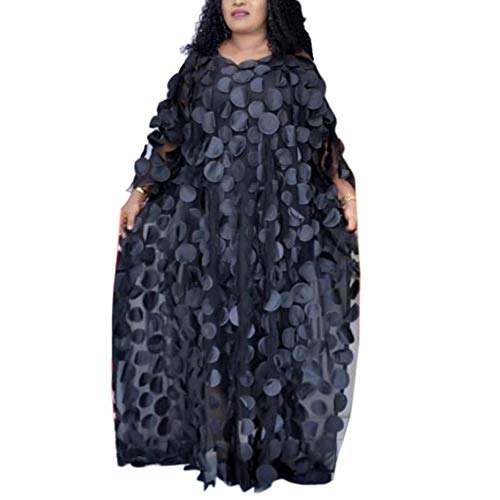 HD African Women Applique Flower Dress Boat Neck Black Caftan Chiffon Gown One Size