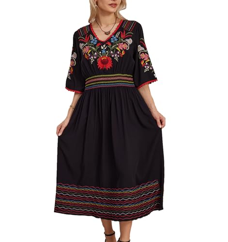 Higustar Mexican Embroidered Dress for Women Boho Peasant Traditional Fiesta Bohemian Midi Floral Pleated Cocktail Dresses