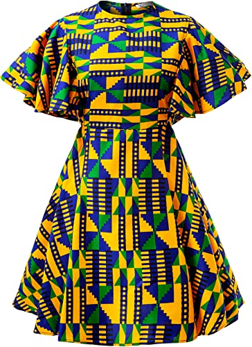 HongyuAmy Womens African Vintage Ruffle Trim Sleeve Ankara Tunic Swing Dress (Medium, Color-A)