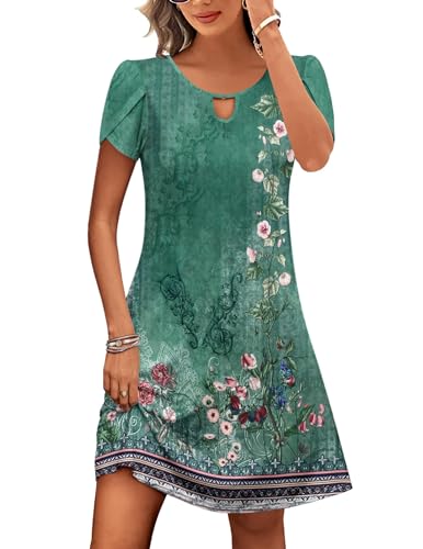 HOTOUCH Women's Casual Shift Dress Short Sleeve Floral Dress Summer Boho Dress Women Tunic Dress with Pockets Loose Sundresses Green Medium