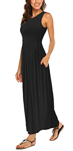 Hount Women's Summer Dresses Casual Sleeveless Long Maxi Dresses with Pockets Solid Black Small