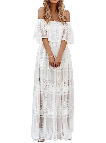 HOYISHION Women's Off The Shoulder Lace Wedding Dress White Bridesmaid Bridal Shower Party Maxi Dresses Maternity Photoshoot Dress