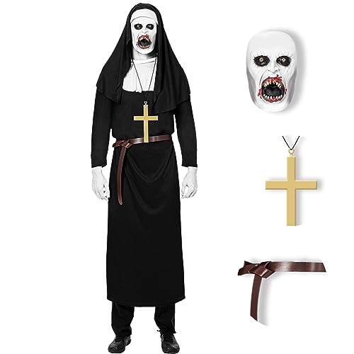 HPMNS 4Pcs Set Nun Costume with Scary Mask for Unisex Adult Nun Costume for Women Men Plus Size The Halloween Dress Up Party Role Play Outfit (Size:XXL)