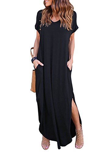 HUSKARY Womens Casual Pocket Beach Long Dress Short Sleeve Split Loose Maxi Dress, Black 01, Small