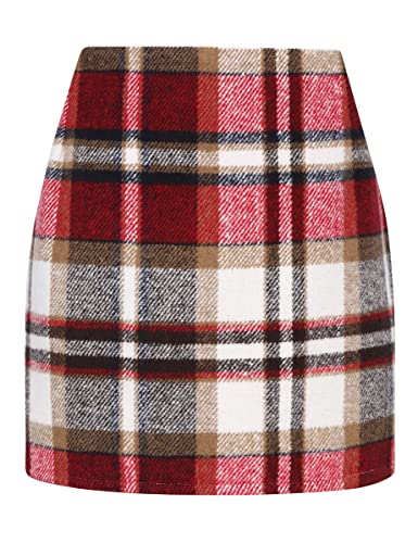 IDEALSANXUN Christmas Skirt for Womens Gifts for Christmas Outfits Clothes 2024 Fashion Red Plaid Dress Wool Mini Skirt, Wine, M