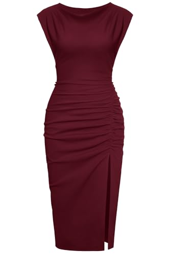 IHOT Women's Wedding Guest Dresses 2024 Elegant Ruched Burgundy Bridesmaid Engagement Cocktail Party Dress Midi Length Wine Red M