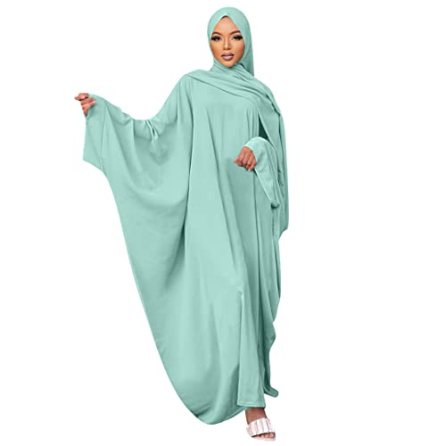 IKADEX Muslim Dress for Women Pakistani Kaftan Abaya Robe + Hijab Arabic Islamic Prayer Clothes Dubai Outfits Light Green Set