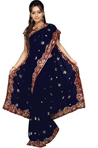 Indian Trendy Women's Bollywood Sequin Embroidered Sari Festival Saree Unstitched Blouse Piece Costume Boho Party Wear (Navy Blue)