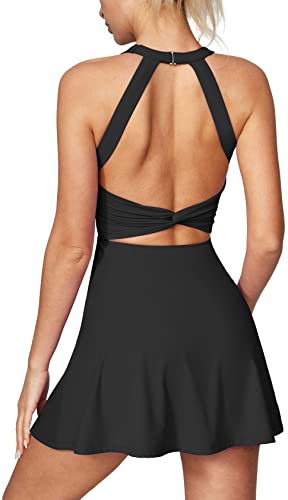 IUGA Womens Tennis Dress with Built in Shorts & Bra Athletic Dress for Women Cut Out Twisted Golf Workout Dress with Pockets Black