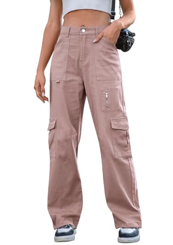 IVIR Cargo Pants Women Adjustable Waist High Waisted Cargo Pants Hiking Pants Baggy Travel Pink Large