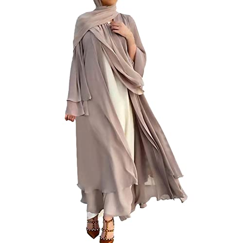 IWEMEK Women Muslim Cardigan Dresses Chiffon Dubai Turkey Kaftan Open Front Kimono Abaya Robe Casual Ruffle Sleeve Robe Solid Color Belted Caftan Islamic Cover Up Dress Khaki Large