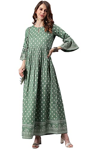 Janasya Indian Women Flared Dress Green