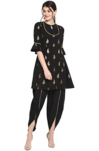 Janasya Indian Women's Black Poly Crepe Kurti with Dhoti Pant