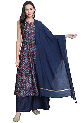 Janasya Indian Women's Blue Poly Muslin Printed Kurta With Palazzo and Dupatta