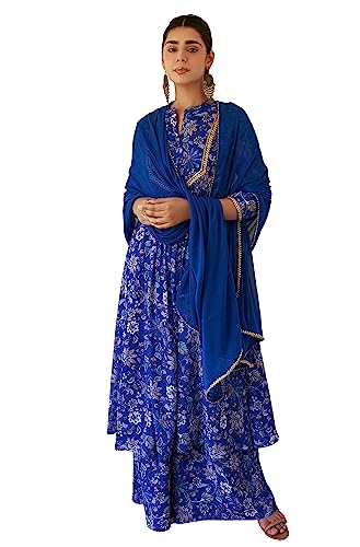 Janasya Indian Women's Dark Blue Georgette Digital Floral Printed Kurta with Palazzo and Dupatta